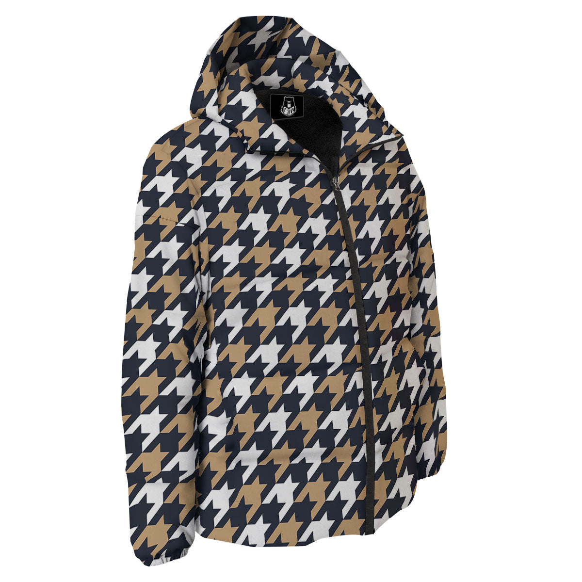 Houndstooth Tan And Brown Print Pattern Down Jacket-grizzshop
