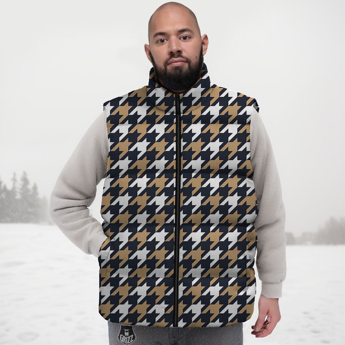 Houndstooth Tan And Brown Print Pattern Down Vest