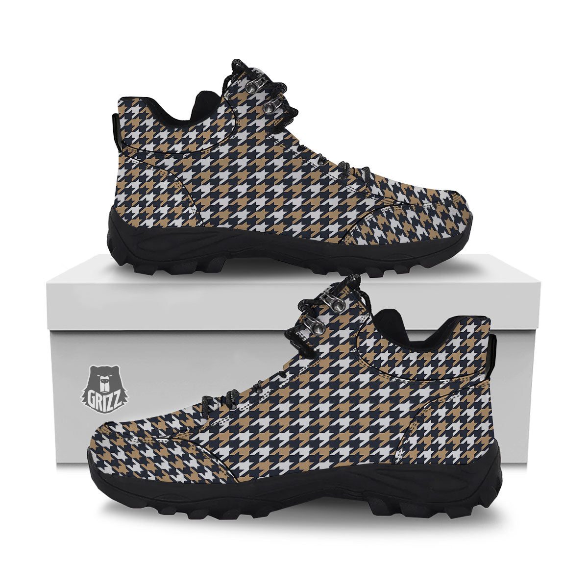 Houndstooth Tan And Brown Print Pattern Hiking Shoes-grizzshop