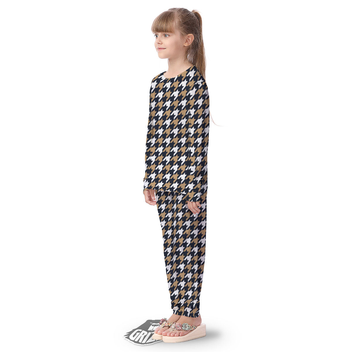 Houndstooth Tan And Brown Print Pattern Kid's Pajamas-grizzshop