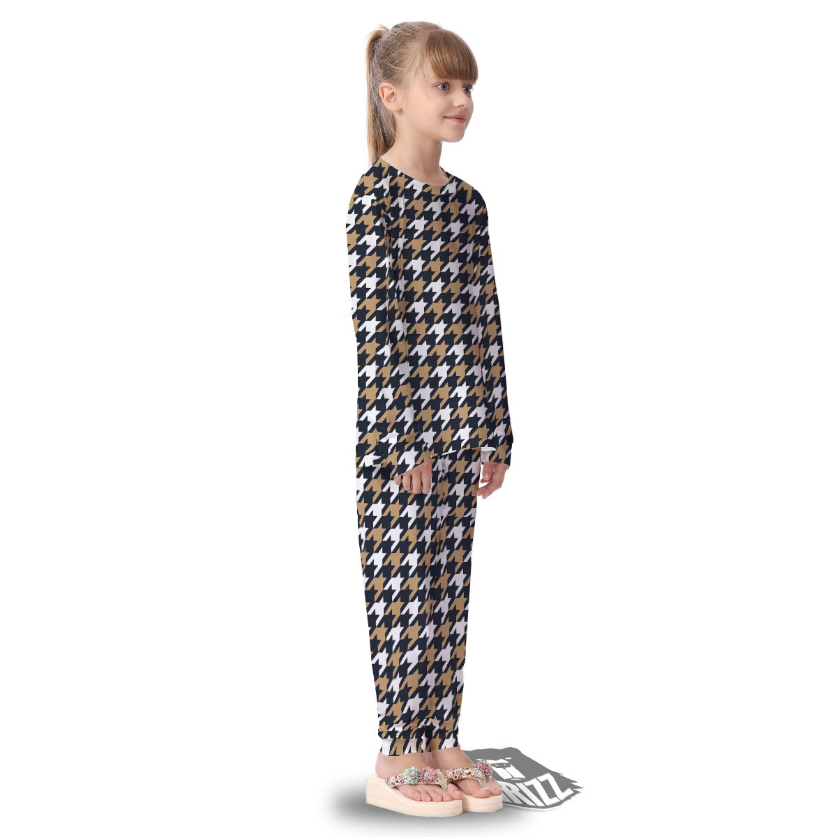 Houndstooth Tan And Brown Print Pattern Kid's Pajamas-grizzshop