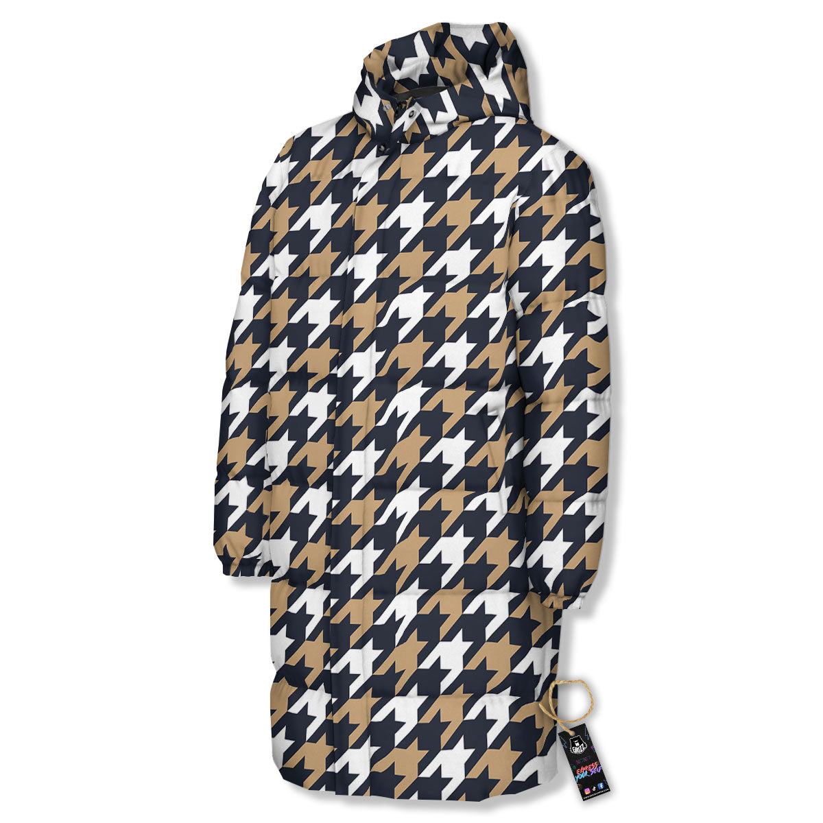 Houndstooth Tan And Brown Print Pattern Long Down Jacket-grizzshop