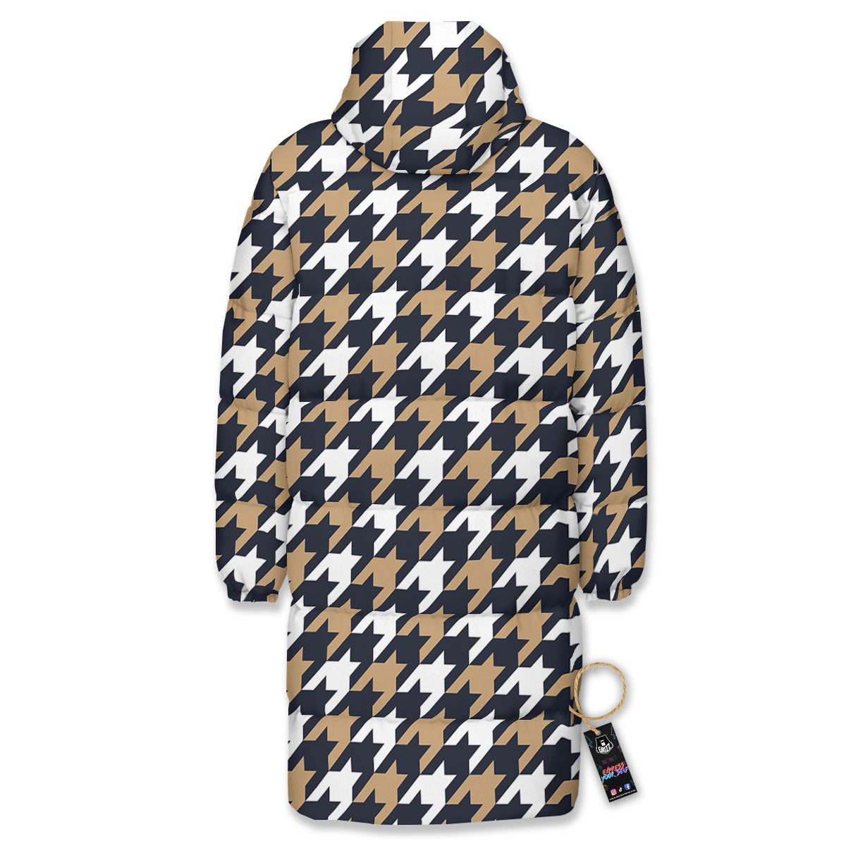 Houndstooth Tan And Brown Print Pattern Long Down Jacket-grizzshop