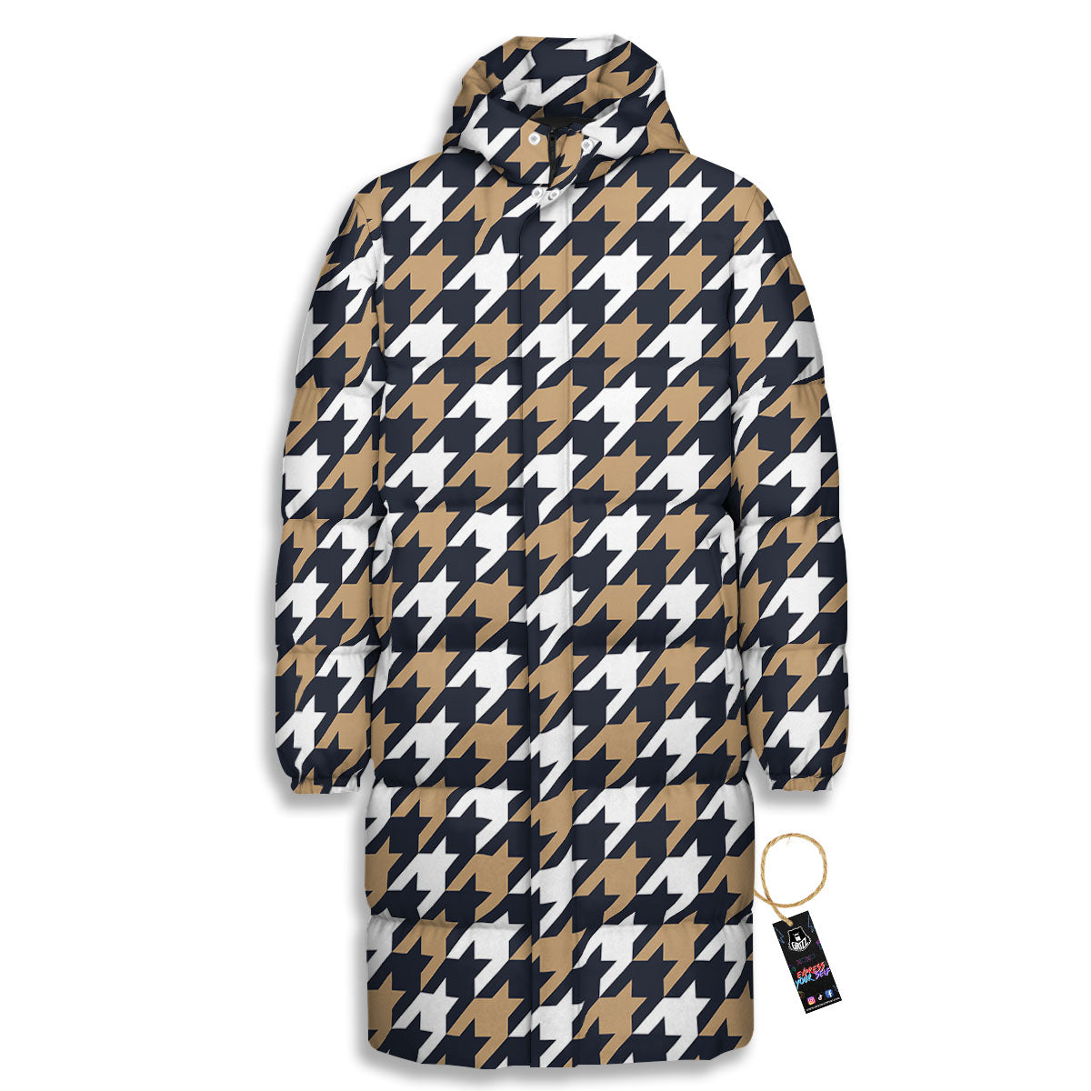 Houndstooth Tan And Brown Print Pattern Long Down Jacket-grizzshop