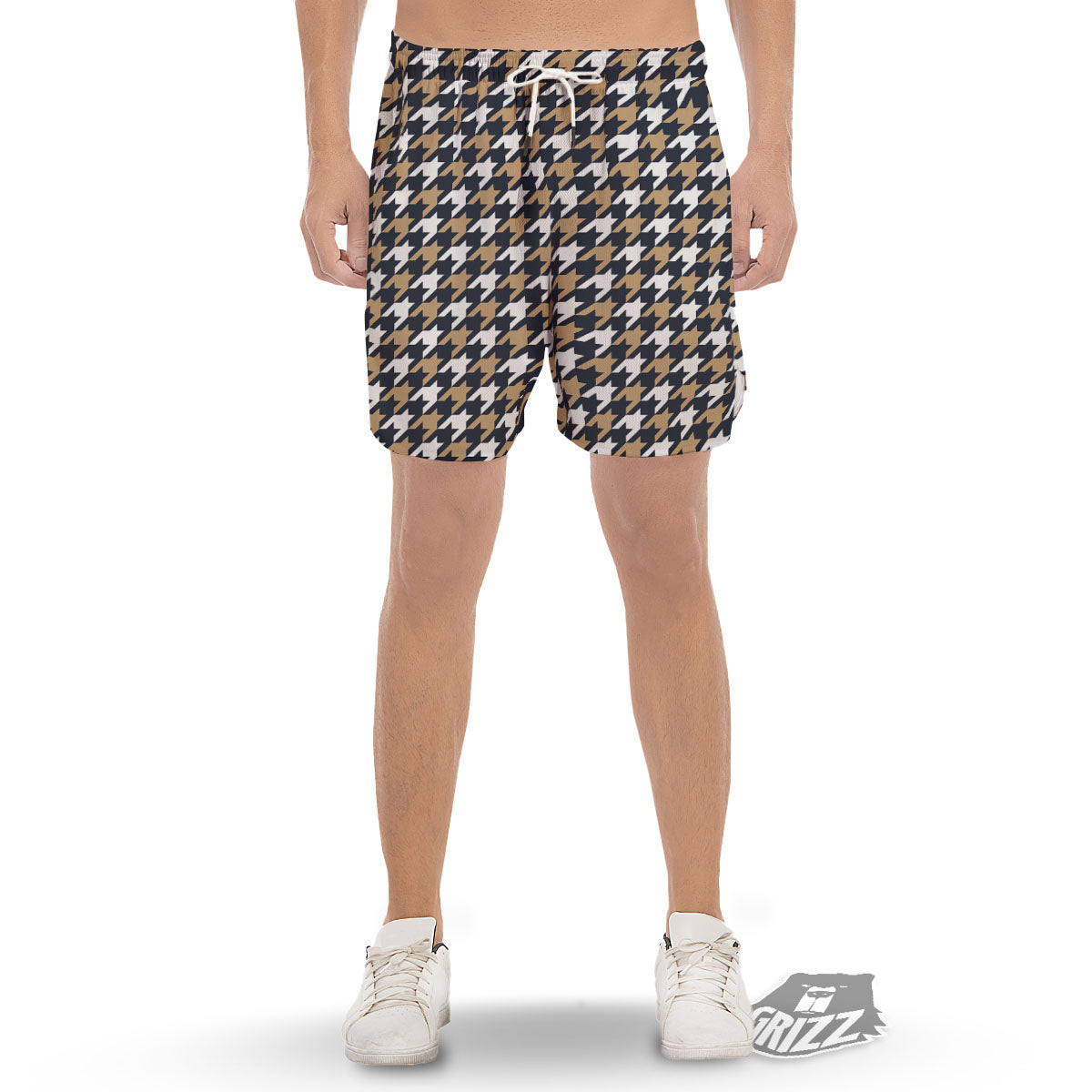 Houndstooth Tan And Brown Print Pattern Men's Gym Shorts-grizzshop