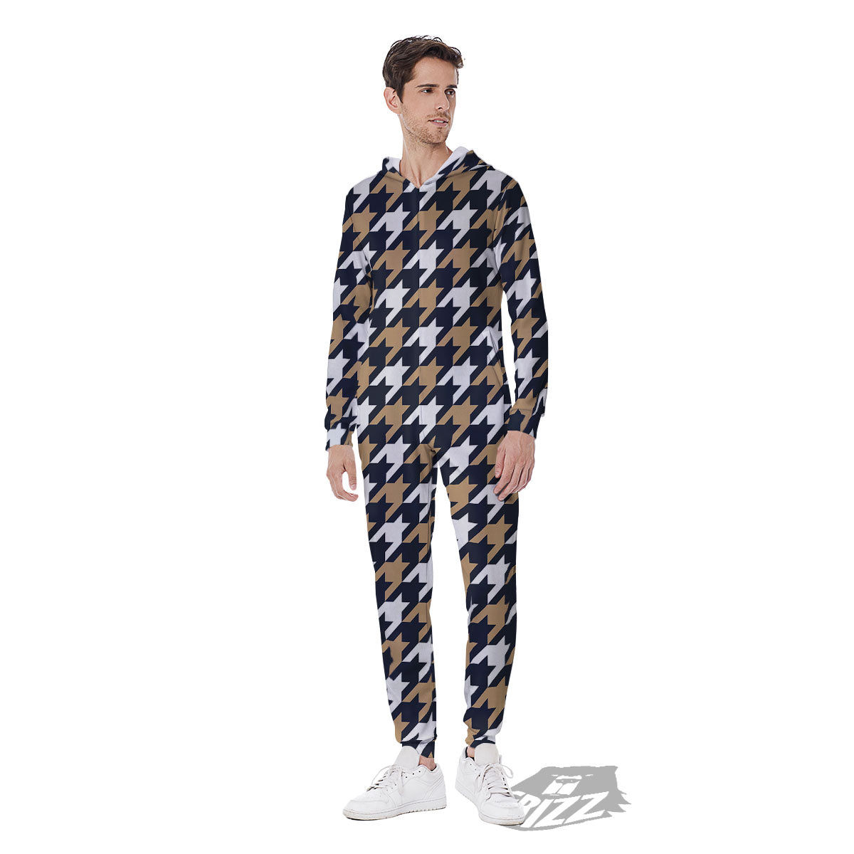 Houndstooth Tan And Brown Print Pattern Men's Jumpsuit-grizzshop