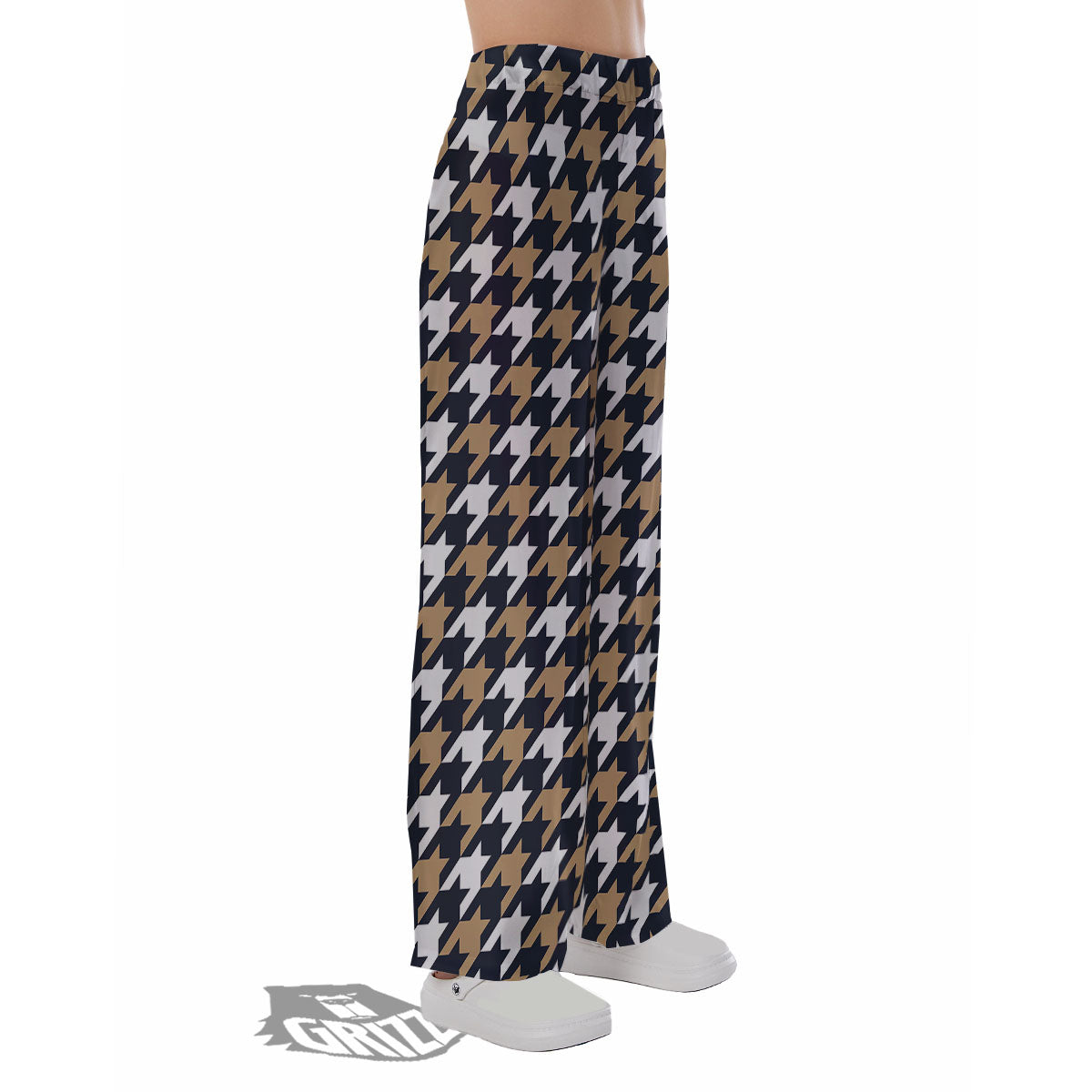 Houndstooth Tan And Brown Print Pattern Pajama Pants-grizzshop