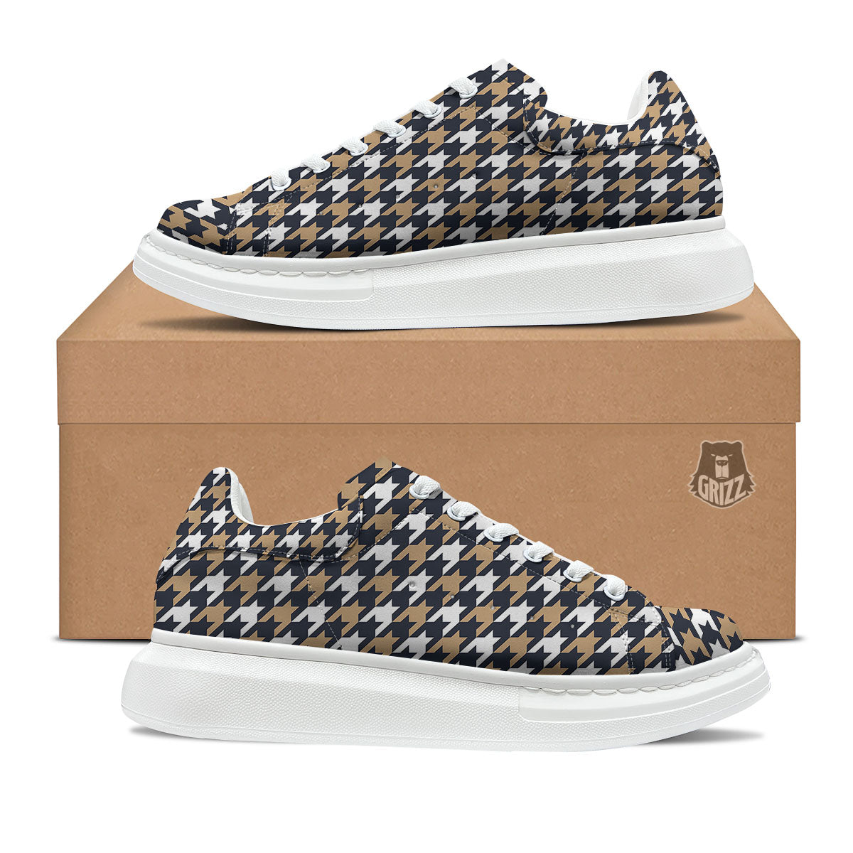 Houndstooth Tan And Brown Print Pattern Platform Shoes-grizzshop