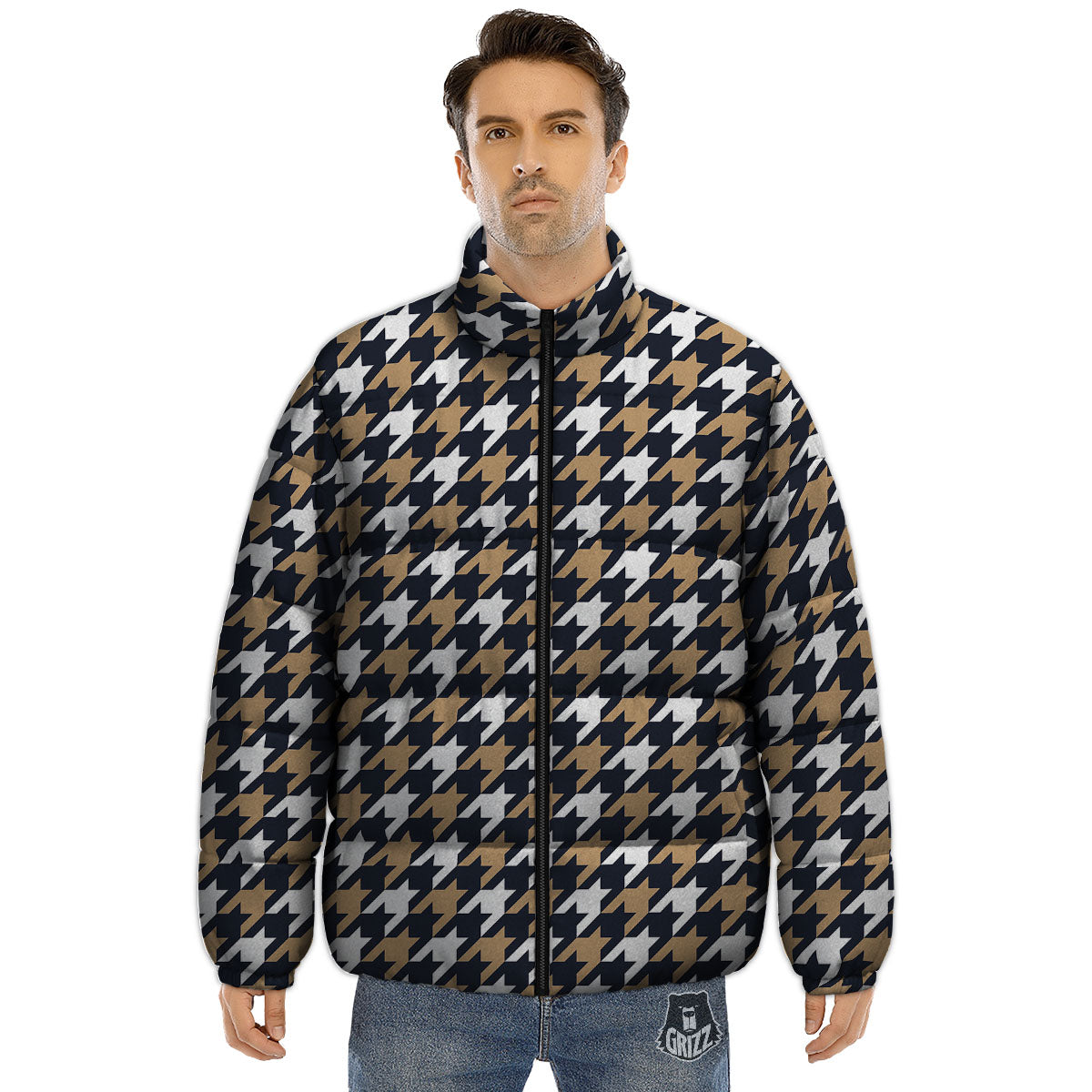 Houndstooth Tan And Brown Print Pattern Puffer Jacket-grizzshop