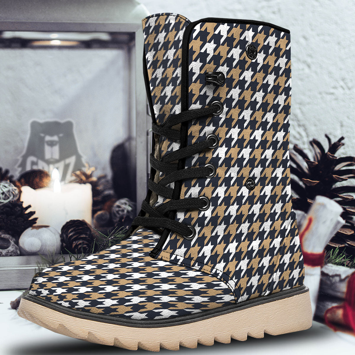 Houndstooth Tan And Brown Print Pattern Snow Boots-grizzshop