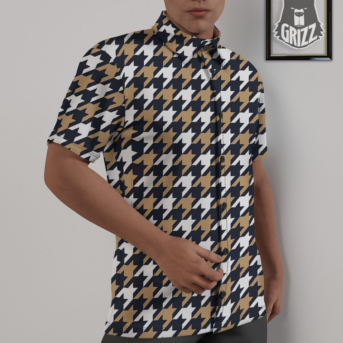 Houndstooth Tan And Brown Print Pattern Untucked Shirts-grizzshop