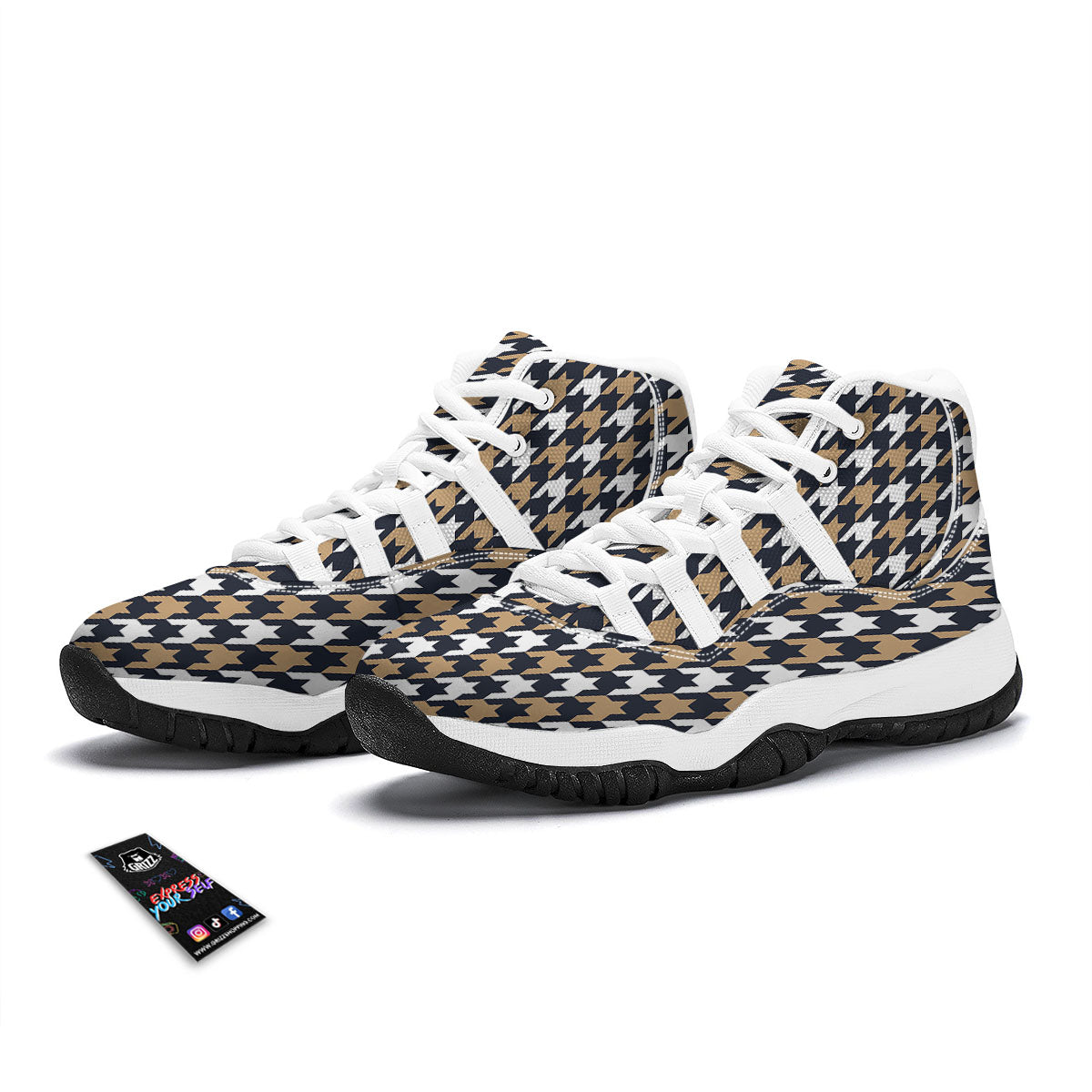 Houndstooth Tan And Brown Print Pattern White Bball Shoes-grizzshop