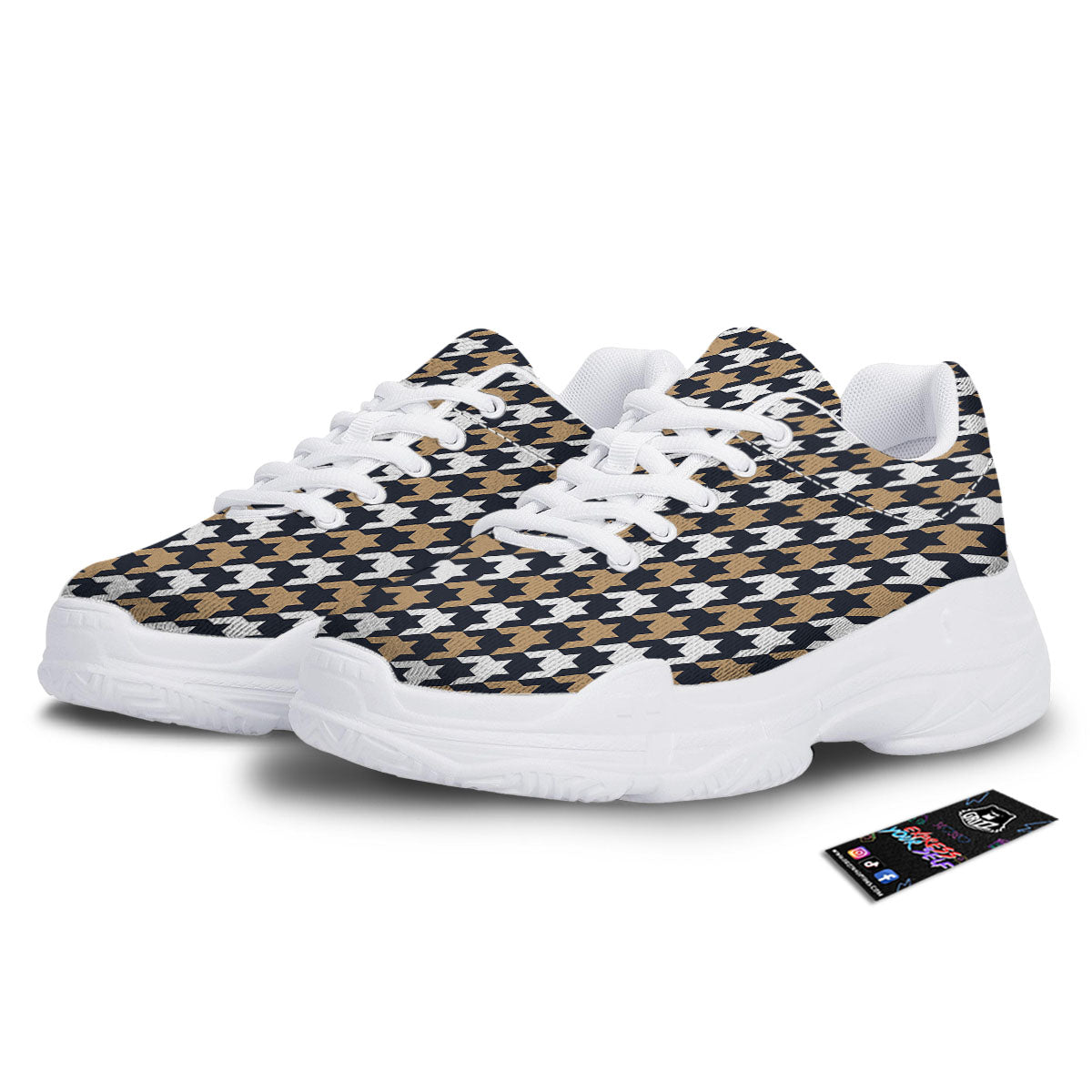 Houndstooth Tan And Brown Print Pattern White Chunky Shoes-grizzshop