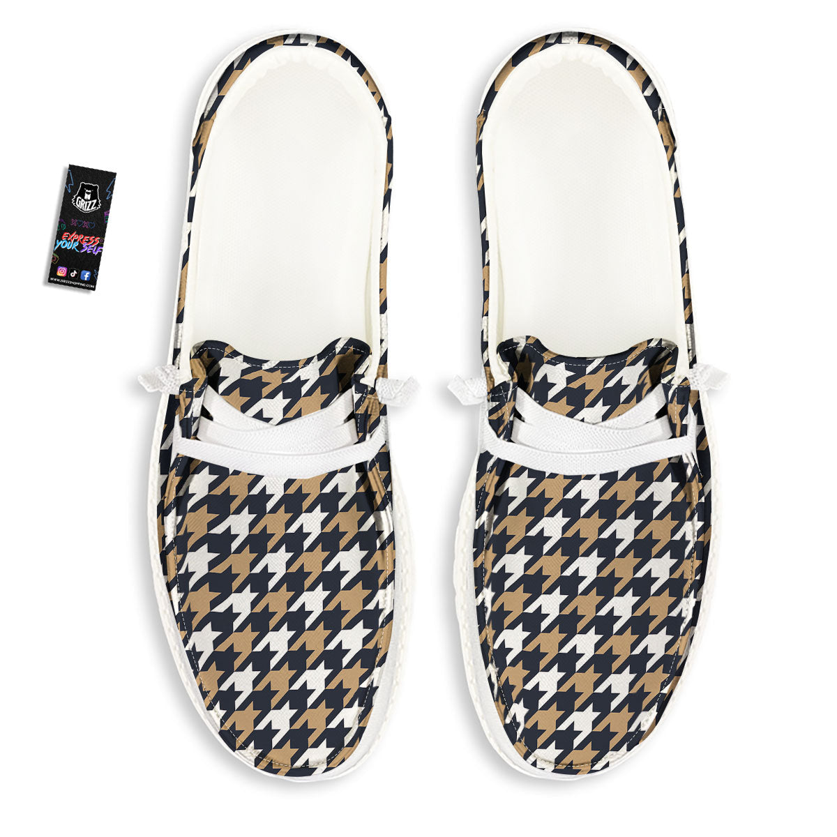 Houndstooth Tan And Brown Print Pattern White Loafers-grizzshop