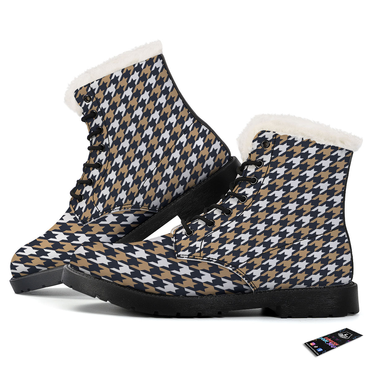 Houndstooth Tan And Brown Print Pattern Winter Boots-grizzshop