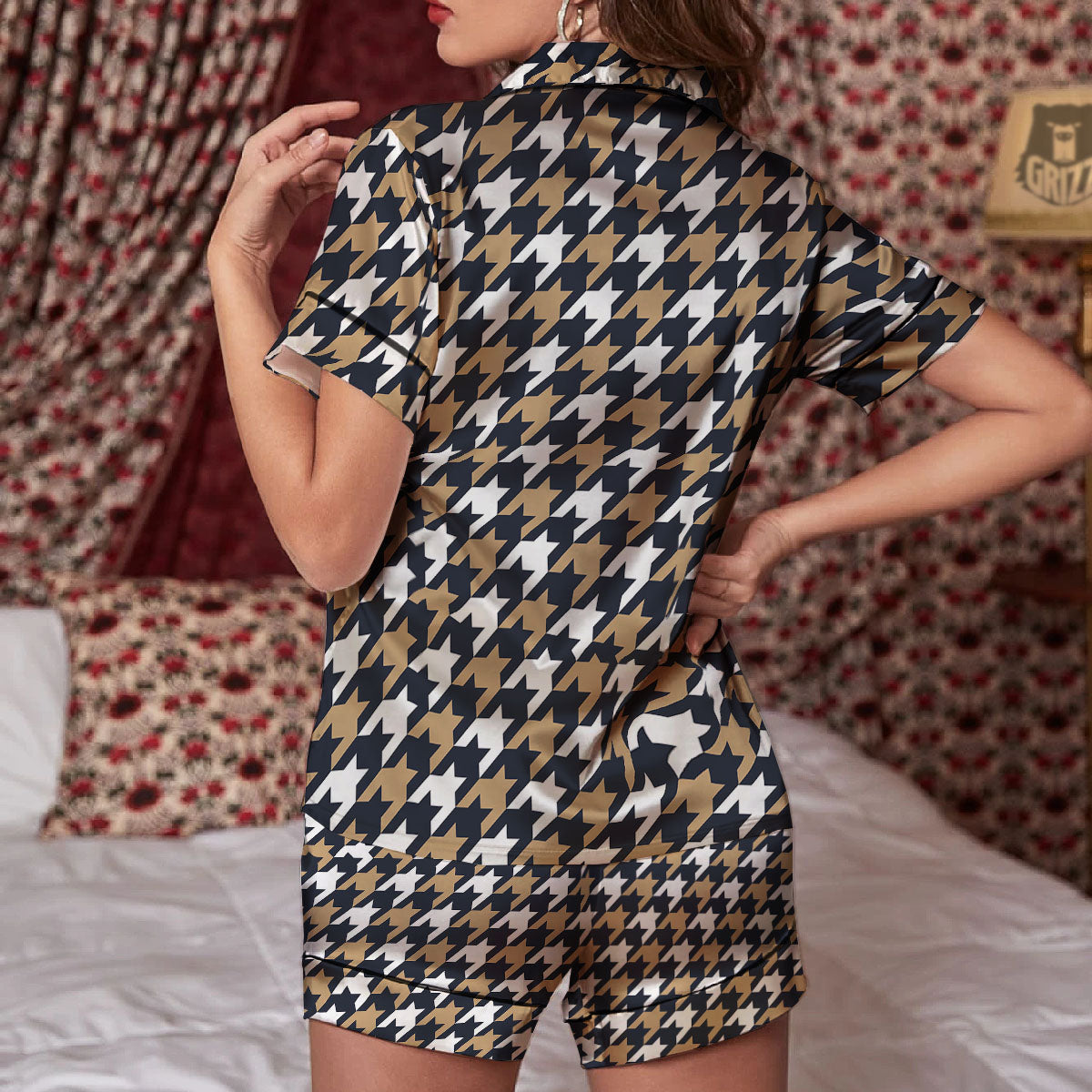 Houndstooth Tan And Brown Print Pattern Women Silk Pajamas-grizzshop