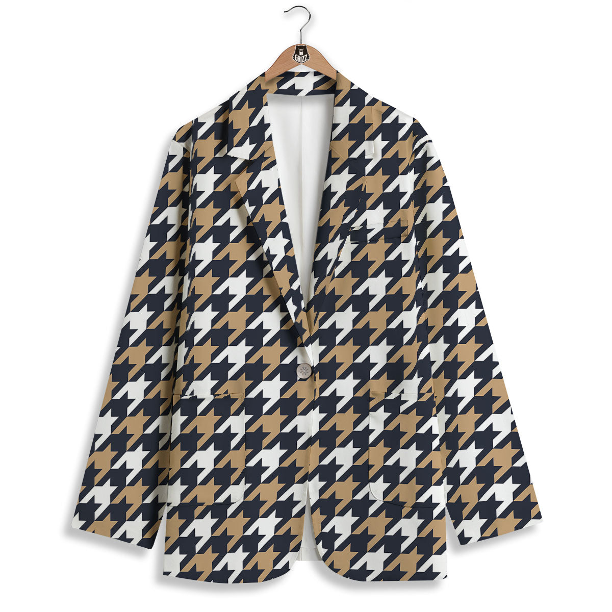 Houndstooth Tan And Brown Print Pattern Women's Blazer-grizzshop