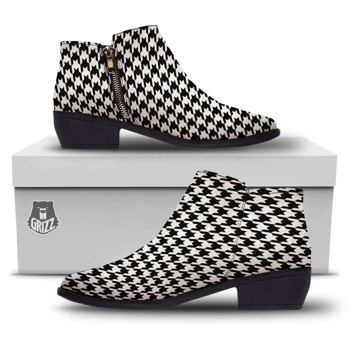 Houndstooth White And Black Print Ankle Boots-grizzshop