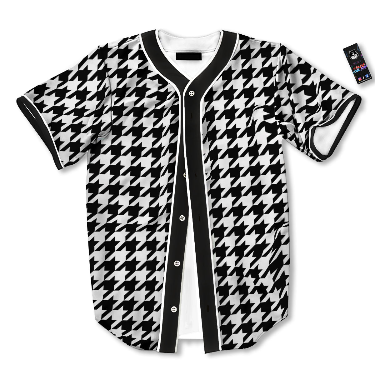 Houndstooth White And Black Print Baseball Jersey-grizzshop