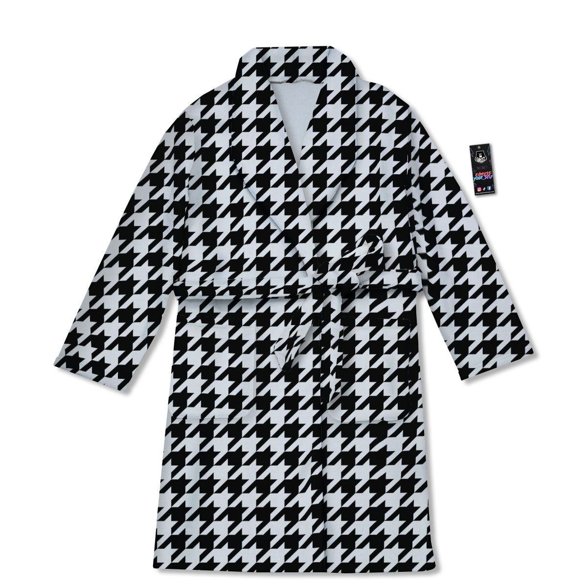 Houndstooth White And Black Print Bathrobe-grizzshop