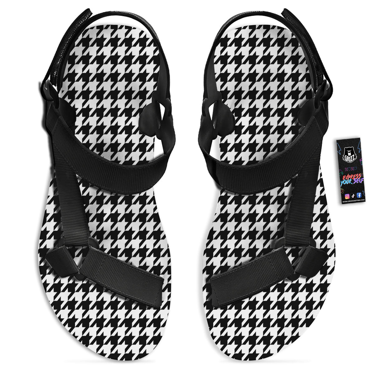 Houndstooth White And Black Print Black Open Toe Sandals-grizzshop