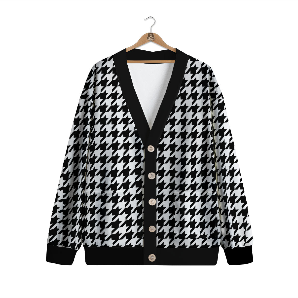 Houndstooth White And Black Print Cardigan-grizzshop