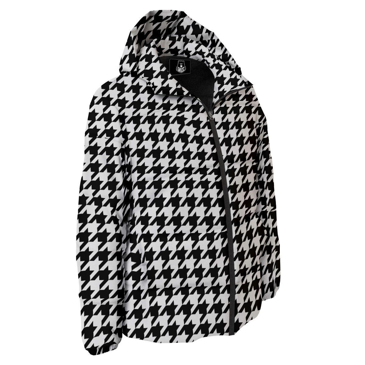Houndstooth White And Black Print Down Jacket-grizzshop