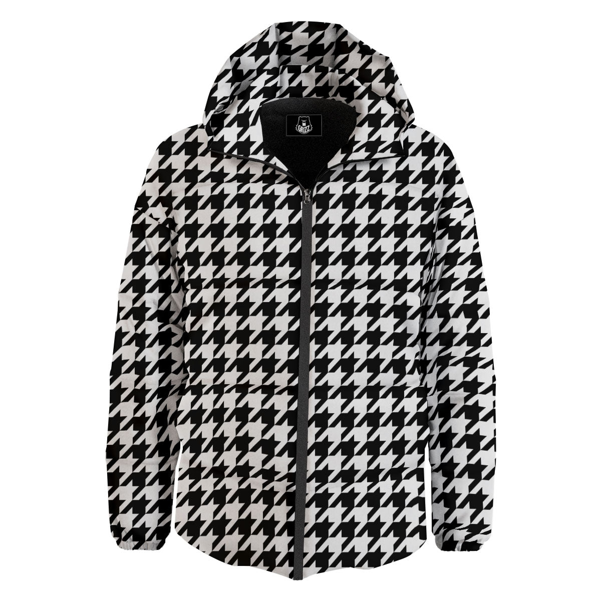 Houndstooth White And Black Print Down Jacket-grizzshop