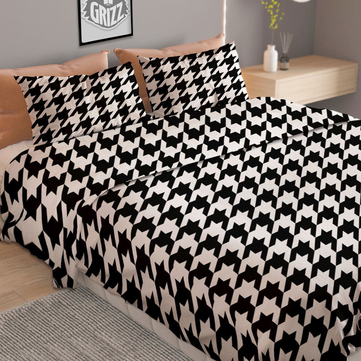 Houndstooth White And Black Print Duvet Cover Bedding Set
