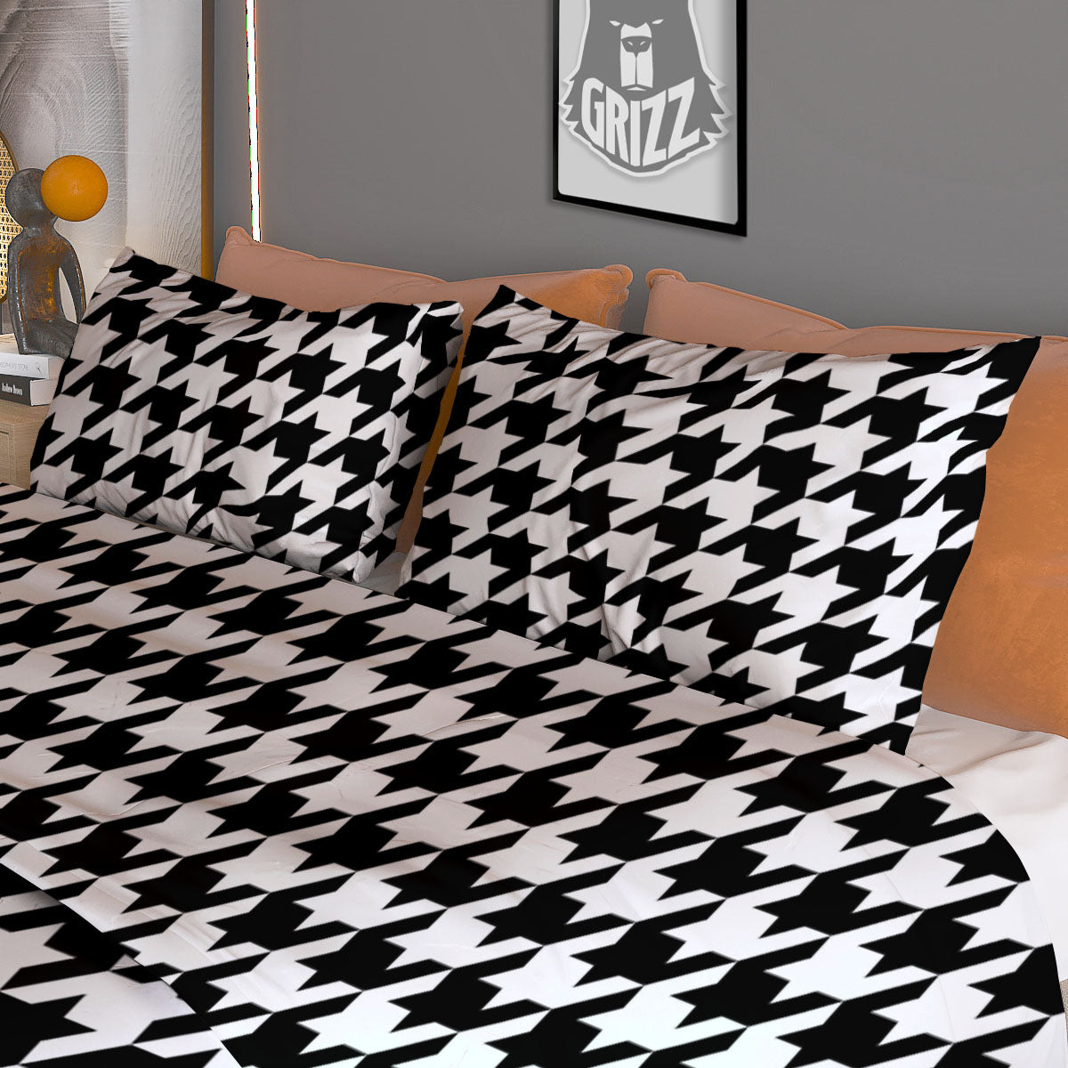 Houndstooth White And Black Print Duvet Cover Bedding Set