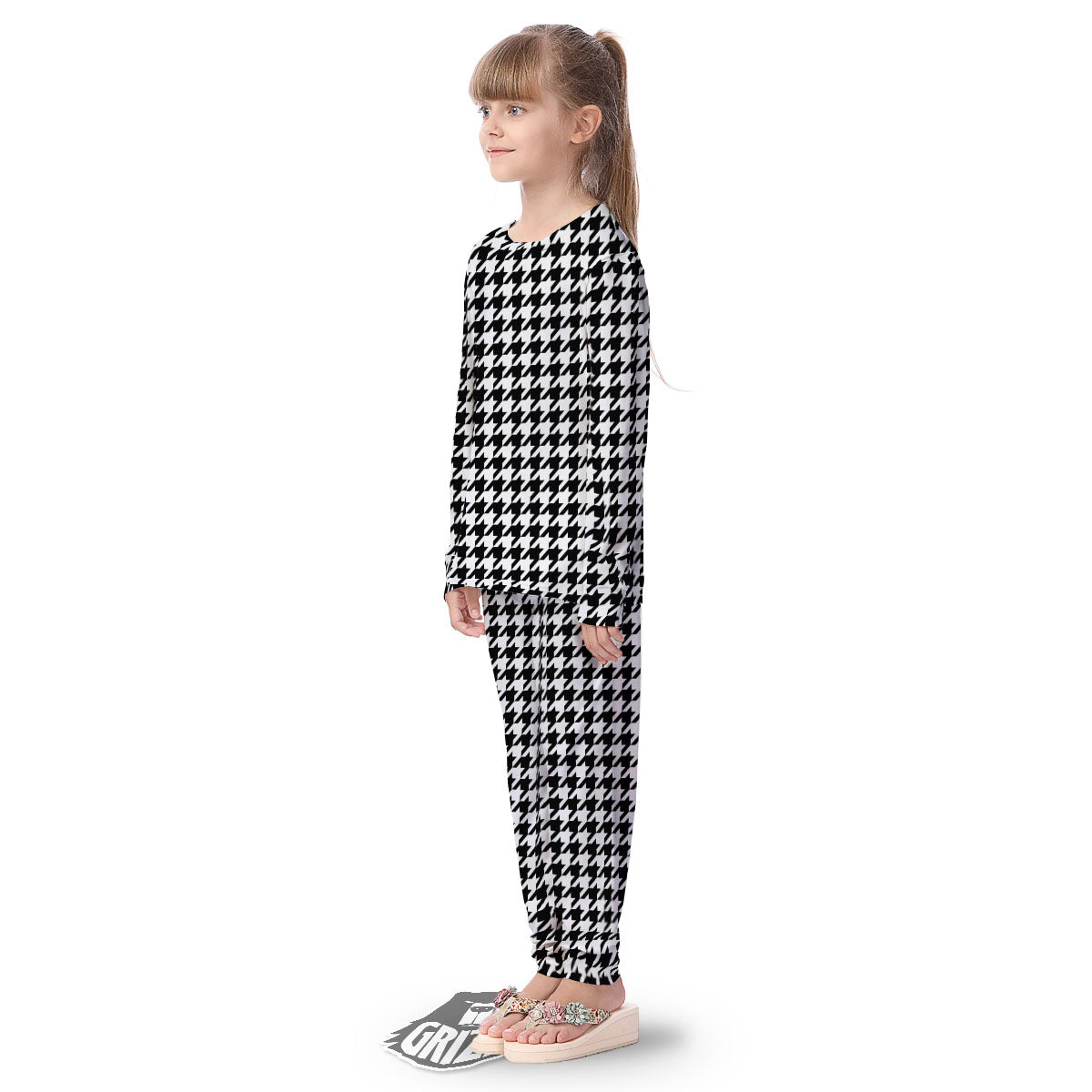 Houndstooth White And Black Print Kid's Pajamas-grizzshop