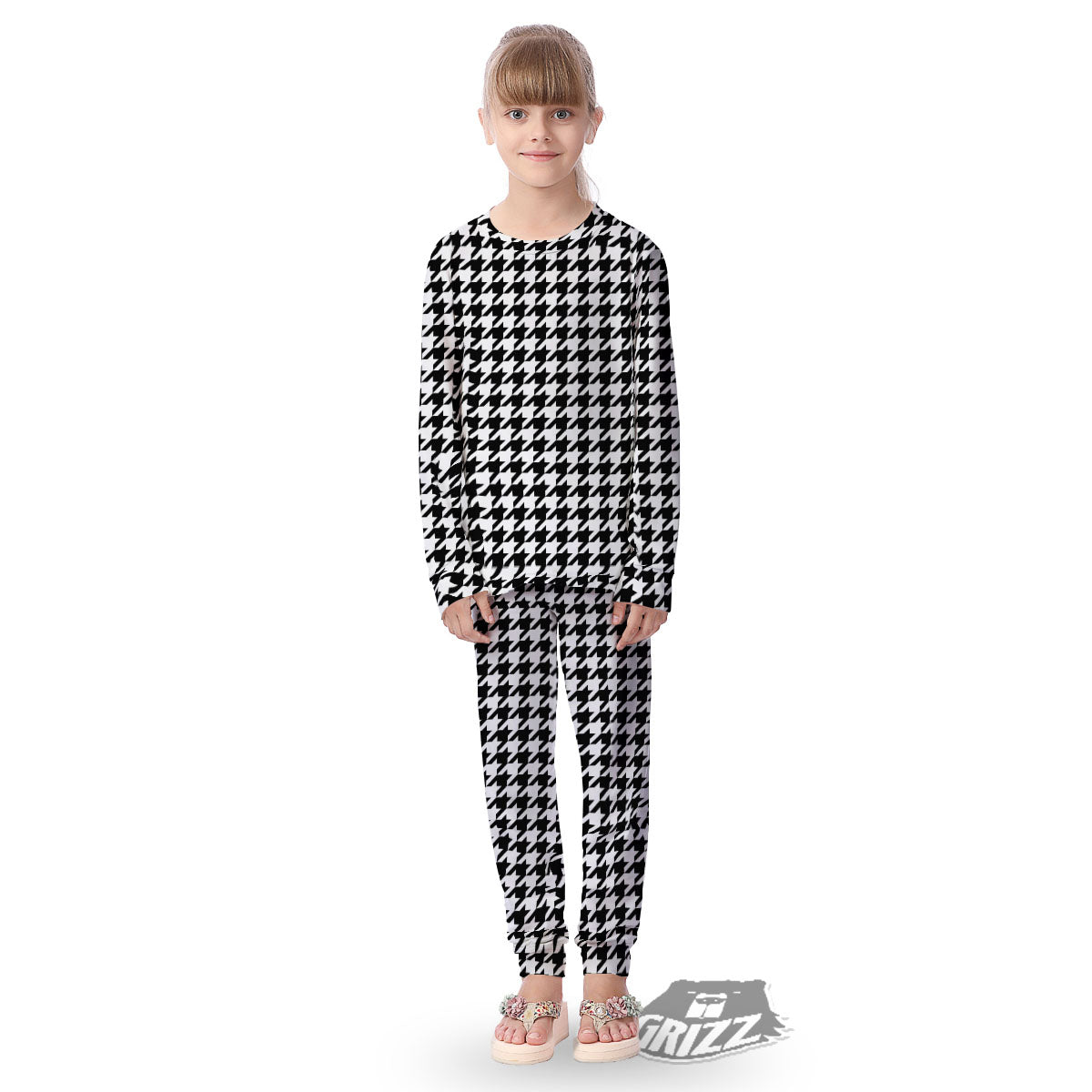 Houndstooth White And Black Print Kid's Pajamas-grizzshop