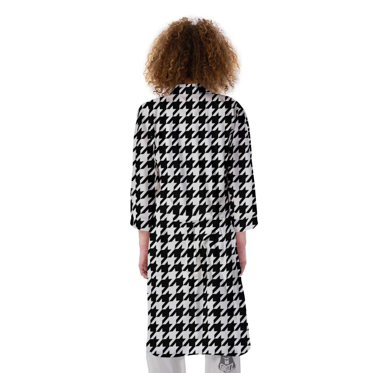Houndstooth White And Black Print Kimono-grizzshop