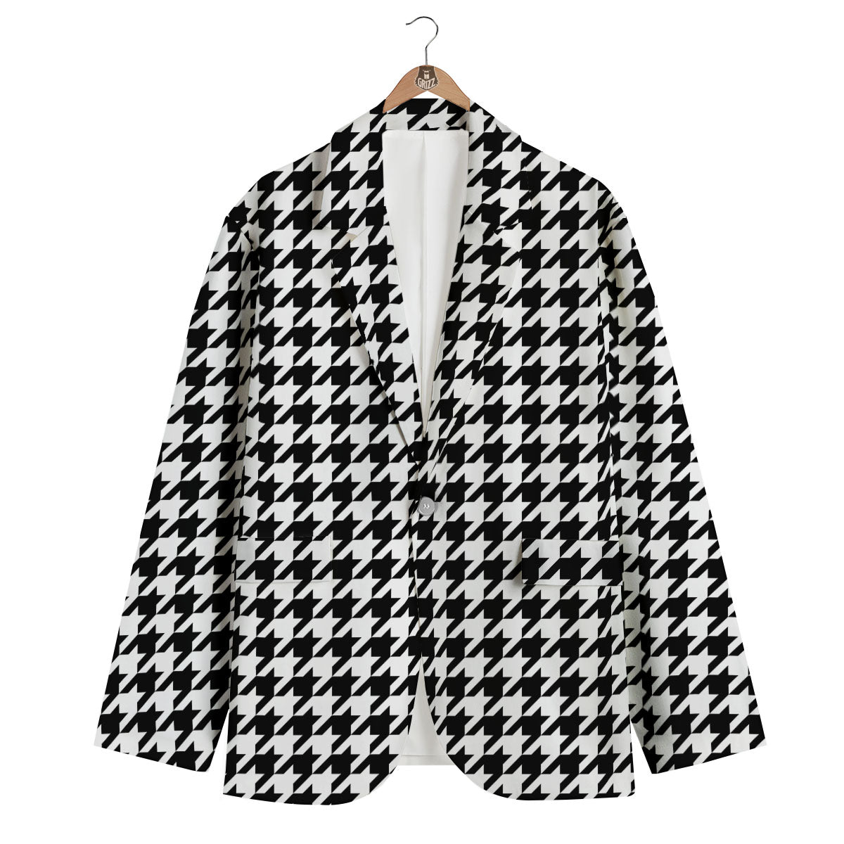 Houndstooth White And Black Print Men's Blazer-grizzshop