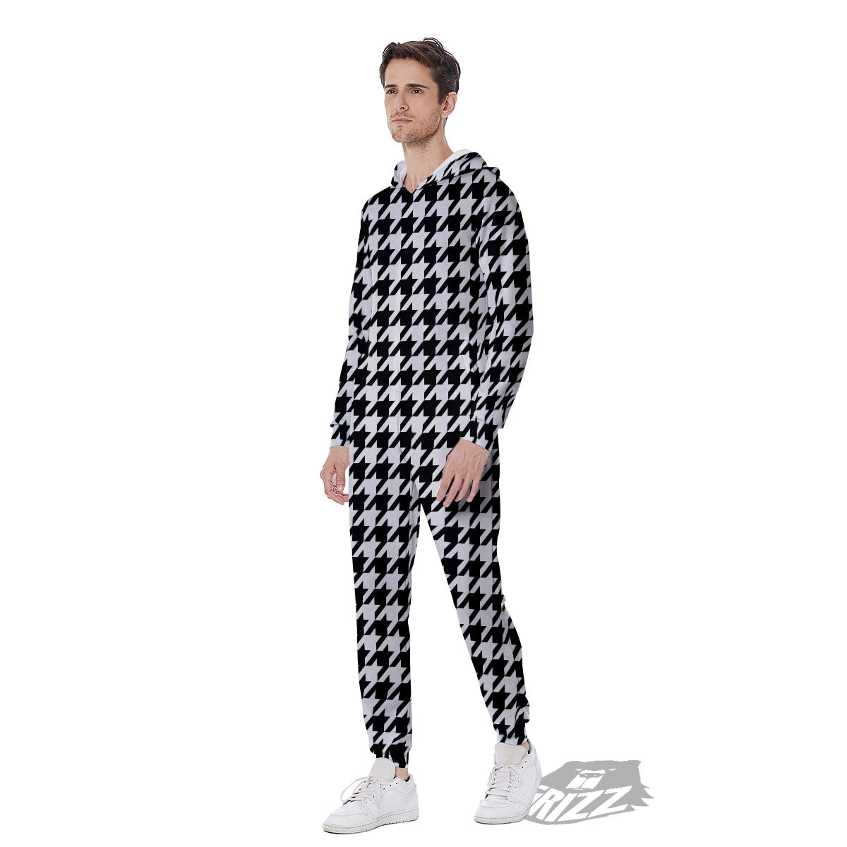 Houndstooth White And Black Print Men's Jumpsuit-grizzshop
