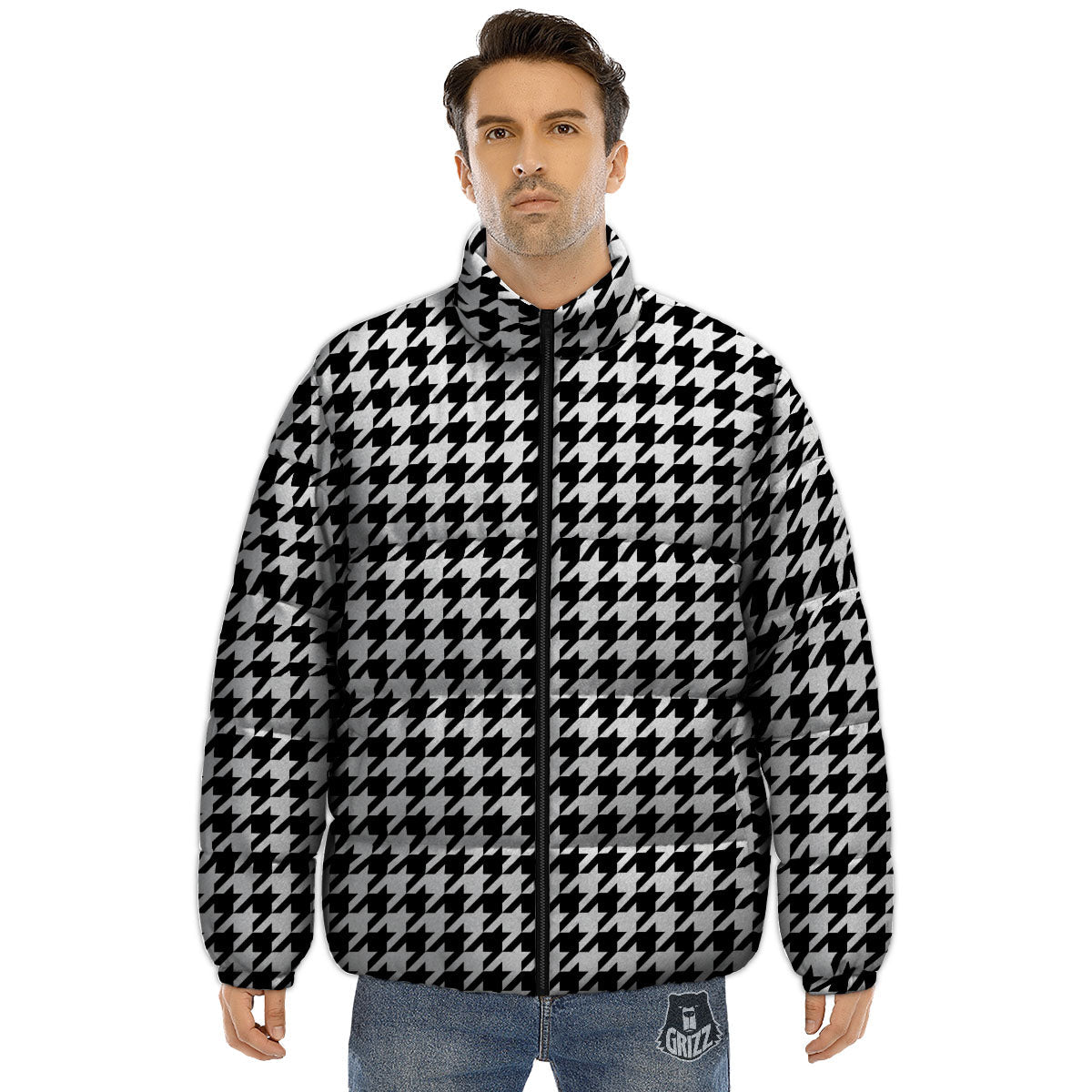 Houndstooth White And Black Print Puffer Jacket-grizzshop