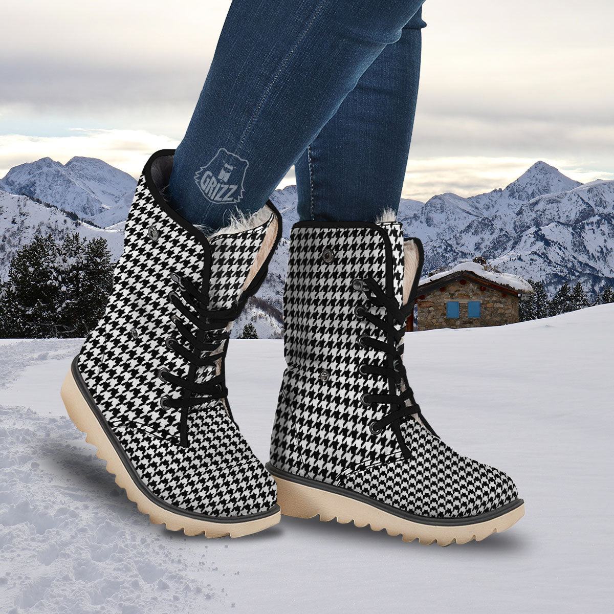 Houndstooth White And Black Print Snow Boots-grizzshop