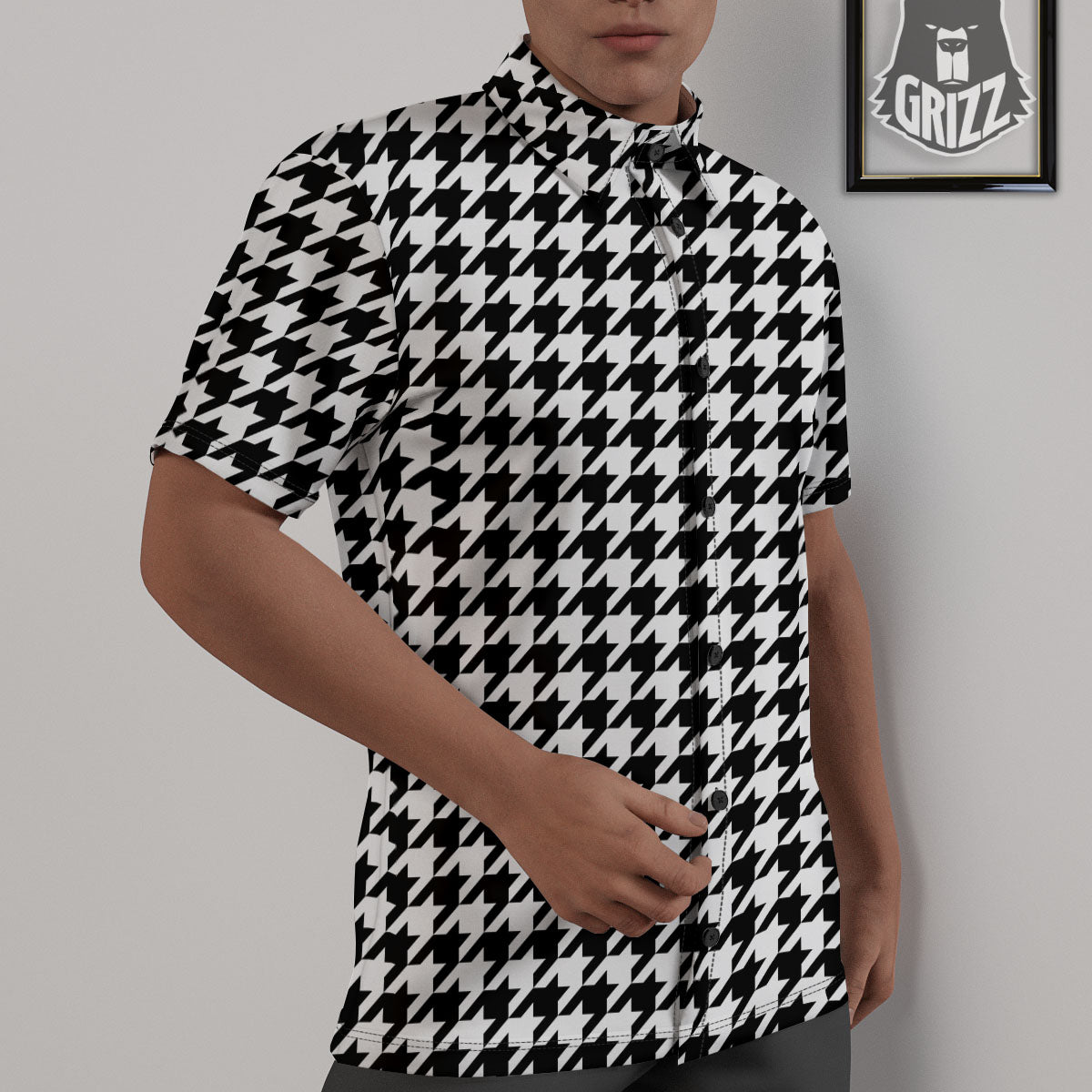 Houndstooth White And Black Print Untucked Shirts-grizzshop