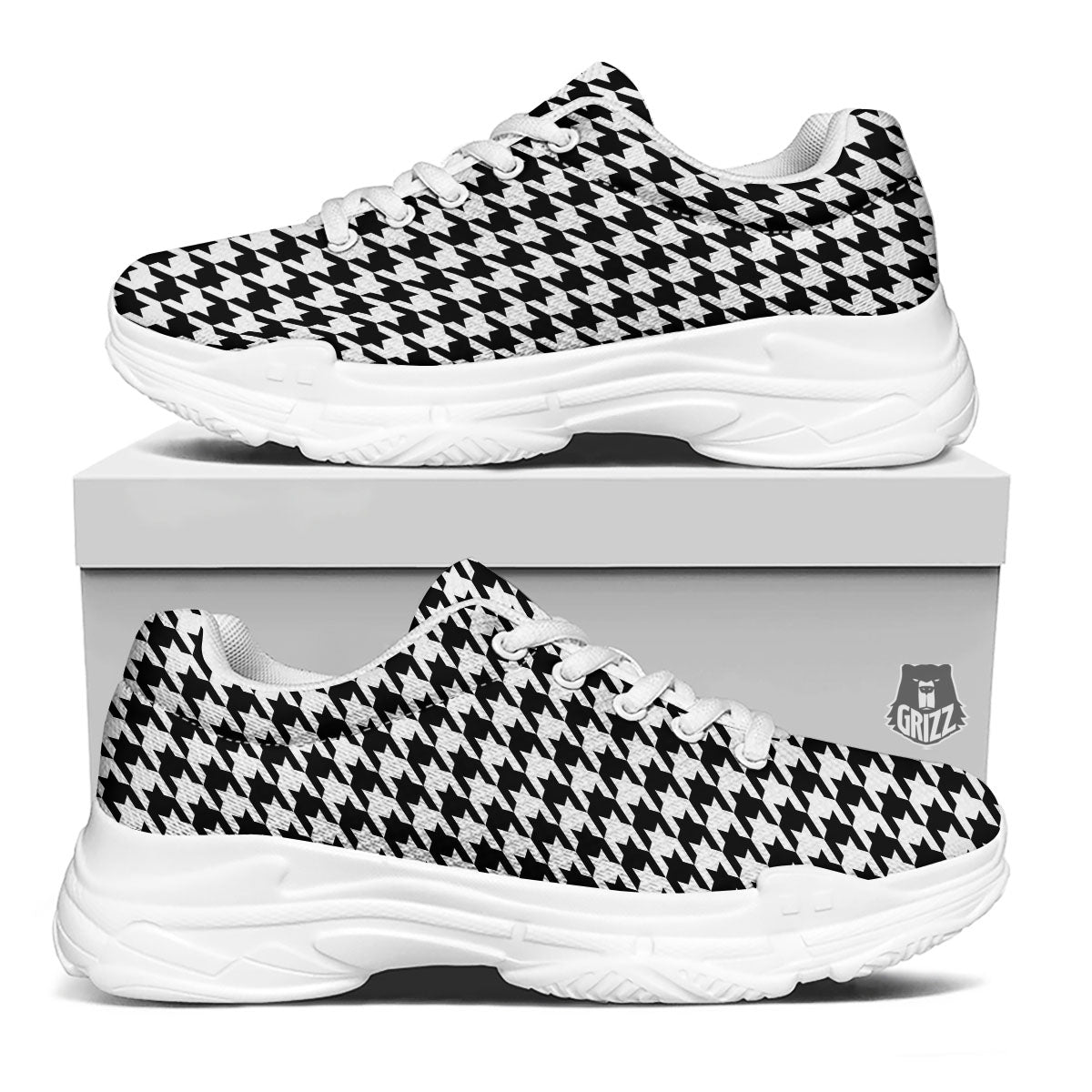 Houndstooth White And Black Print White Chunky Shoes-grizzshop