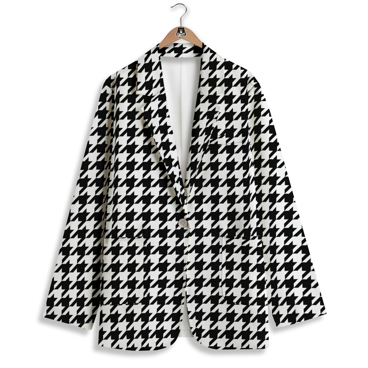 Houndstooth White And Black Print Women's Blazer-grizzshop