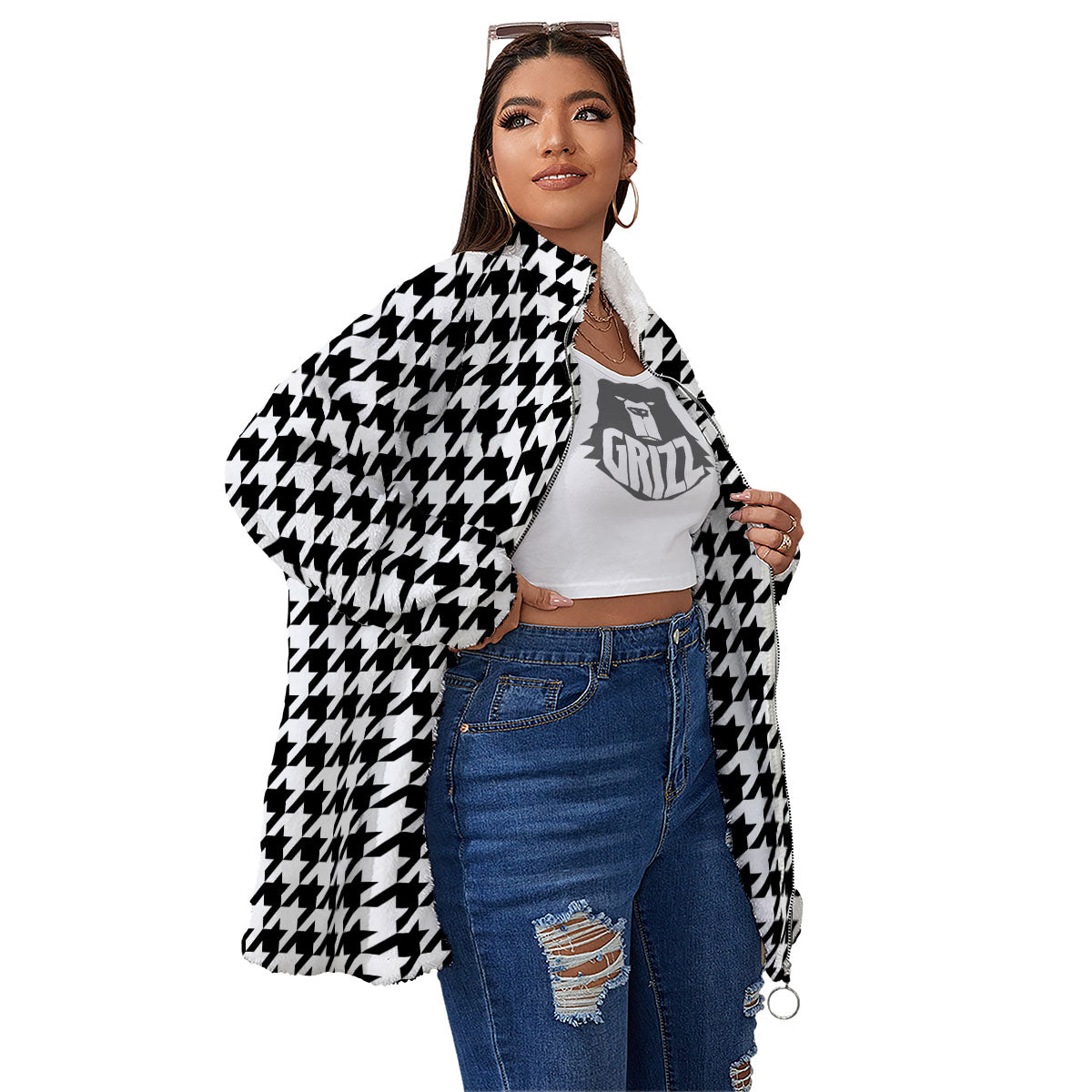 Houndstooth White And Black Print Women's Sherpa Jacket-grizzshop