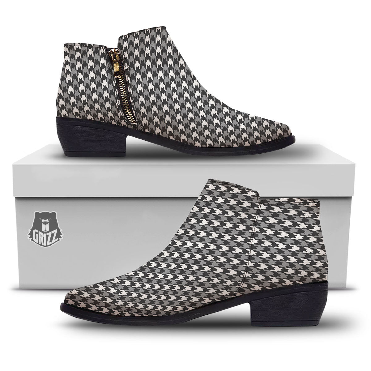 Houndstooth White And Grey Print Pattern Ankle Boots-grizzshop