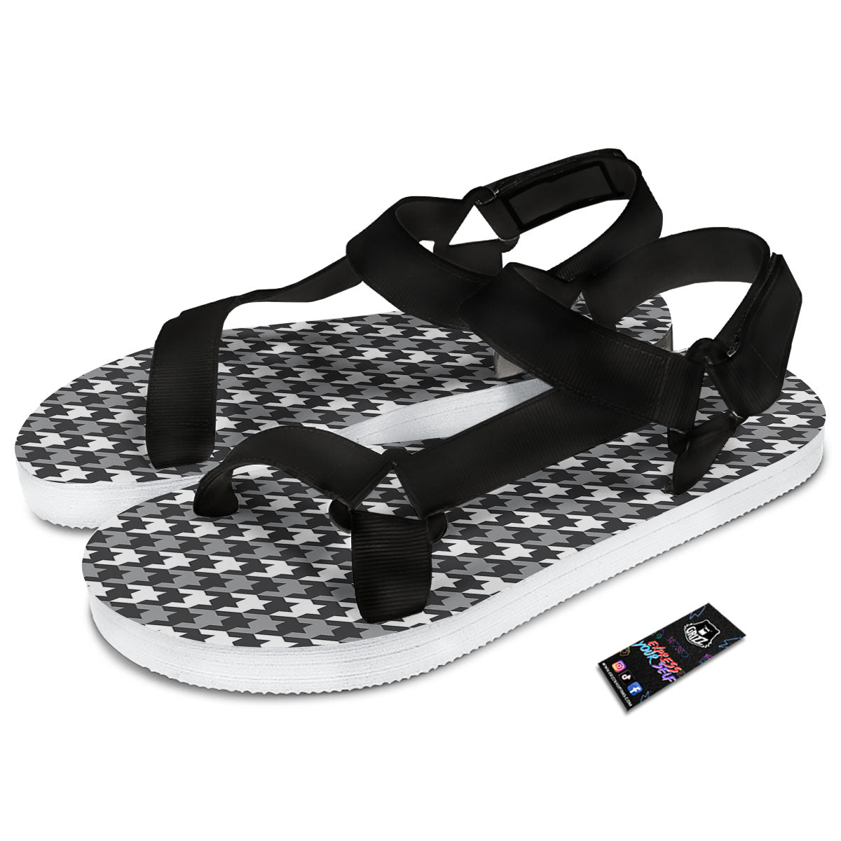 Houndstooth White And Grey Print Pattern Black Open Toe Sandals-grizzshop