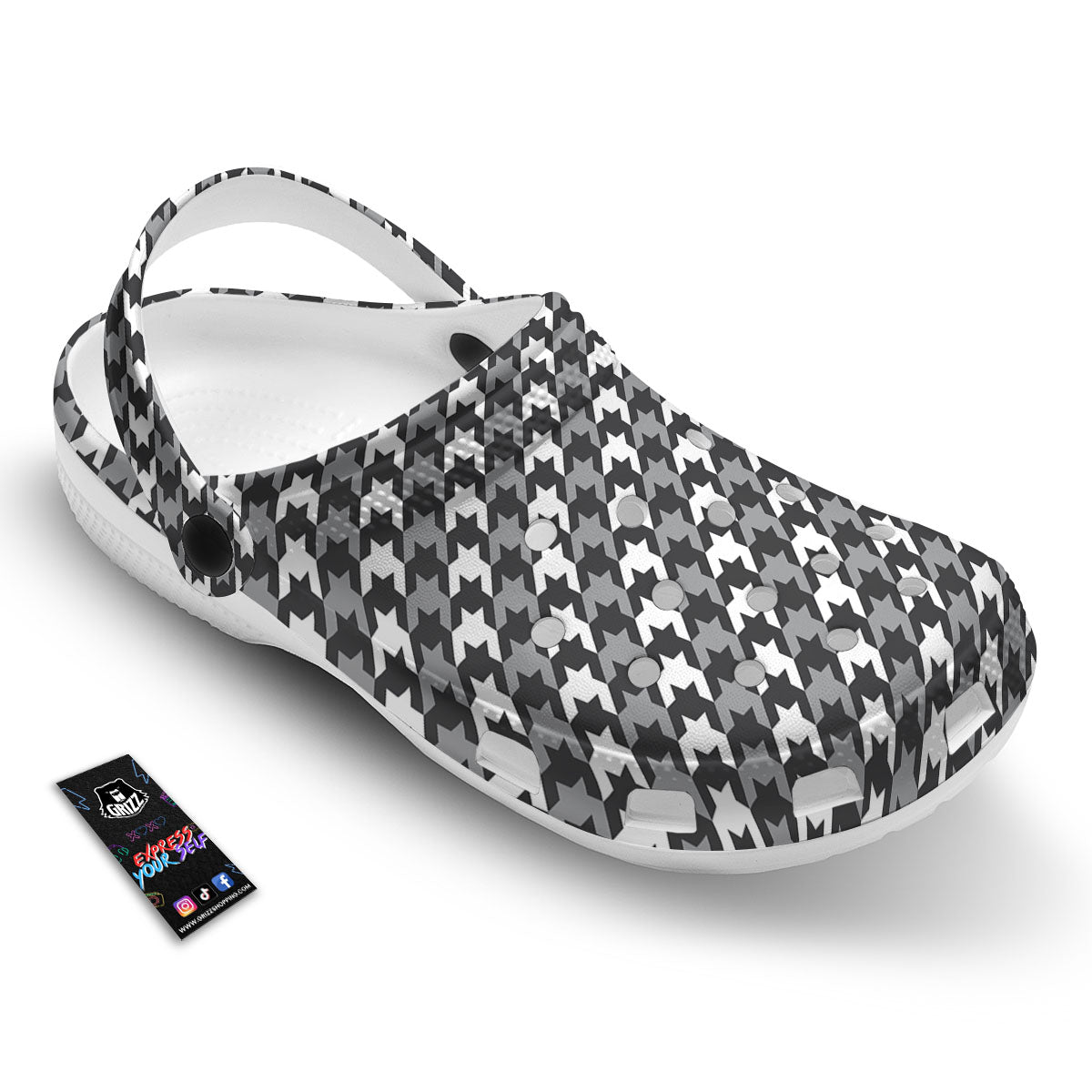 Houndstooth White And Grey Print Pattern Clog-grizzshop