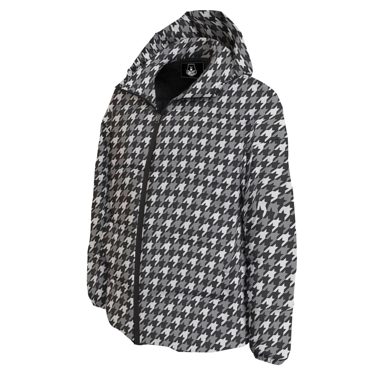 Houndstooth White And Grey Print Pattern Down Jacket-grizzshop