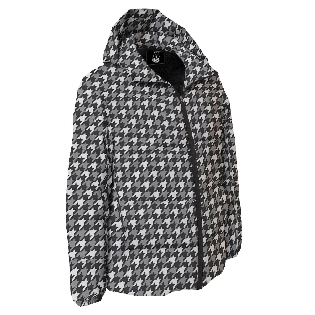Houndstooth White And Grey Print Pattern Down Jacket-grizzshop