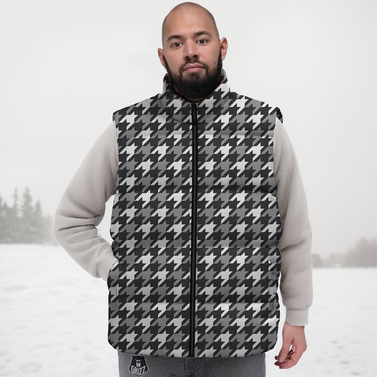 Houndstooth White And Grey Print Pattern Down Vest