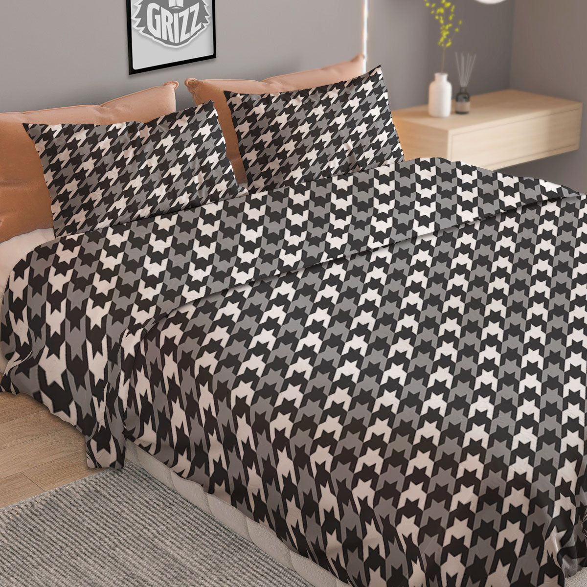 Houndstooth White And Grey Print Pattern Duvet Cover Bedding Set