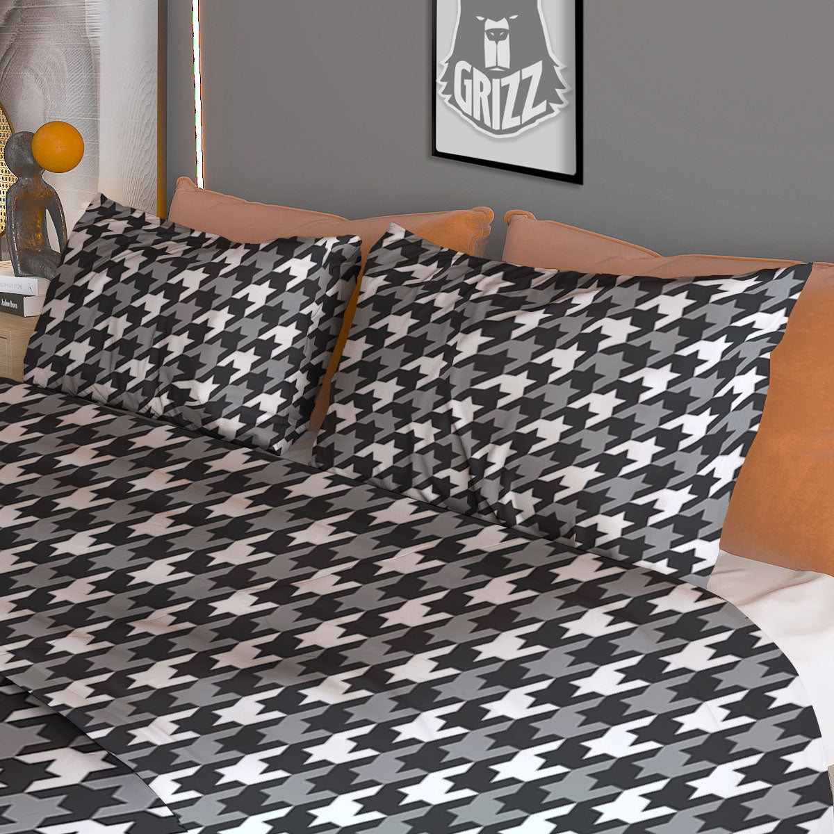 Houndstooth White And Grey Print Pattern Duvet Cover Bedding Set