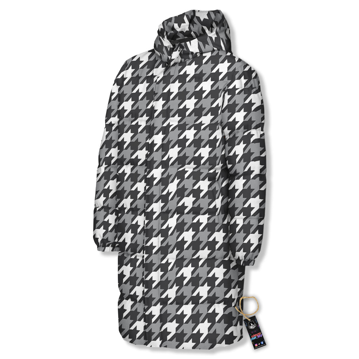 Houndstooth White And Grey Print Pattern Long Down Jacket-grizzshop